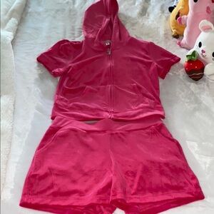 Bright Pink Juicy Couture Velour Short Set - Hooded Zip Top & Shorts